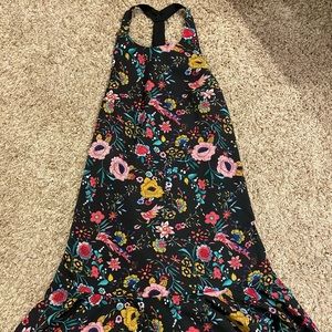 black floral dress, cute flow at the bottom, high neck